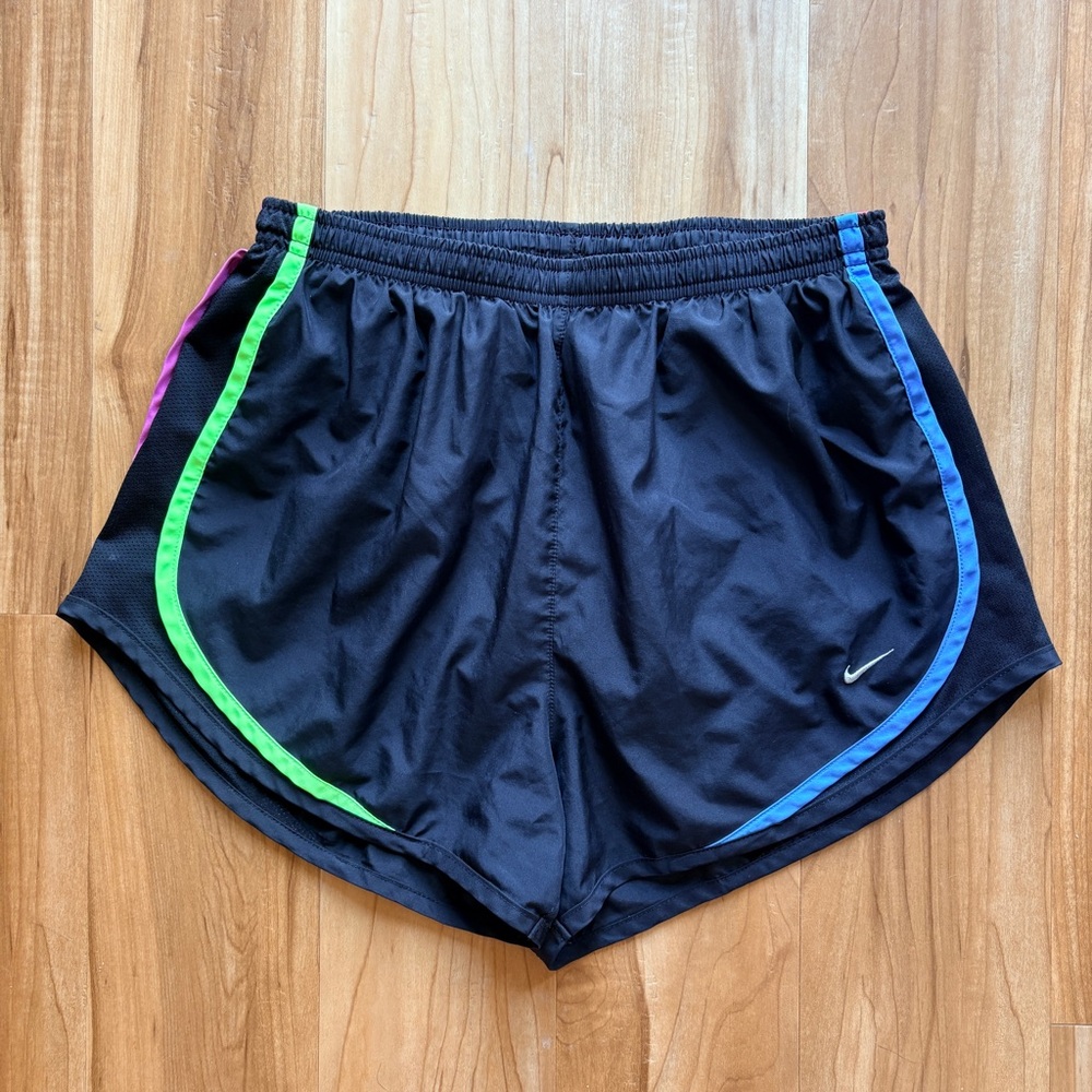 Nike Women's Lined Black Athletic Shorts with Brightly Colored Trim Medium